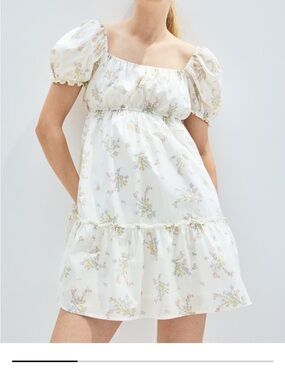 H&M White Floral Puff-Sleeve Mini Dress